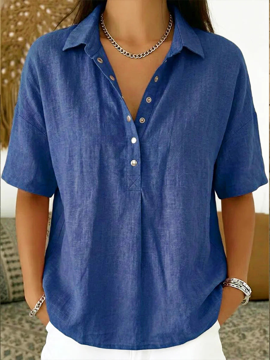 Short Sleeve Button Pullover Shirt – Solid Color Women’s Top
