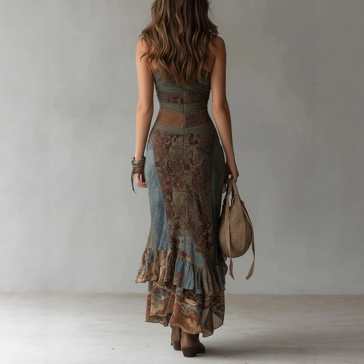 Retro Patchwork Print Asymmetric Slip Dress – High-Waist High-Slit Boho Maxi Dress