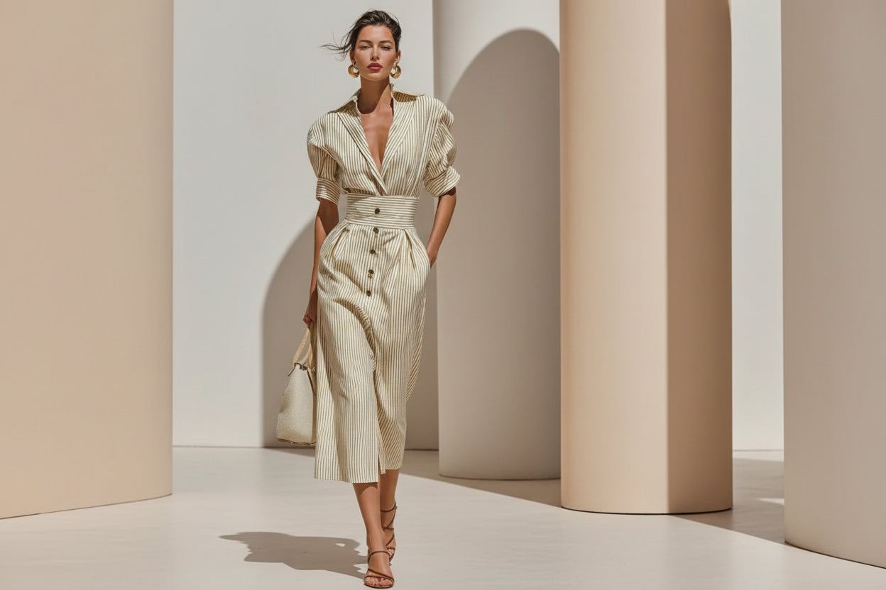 Women's Striped Lace-Up Shirt Dress – High Waist Slim Fit Midi