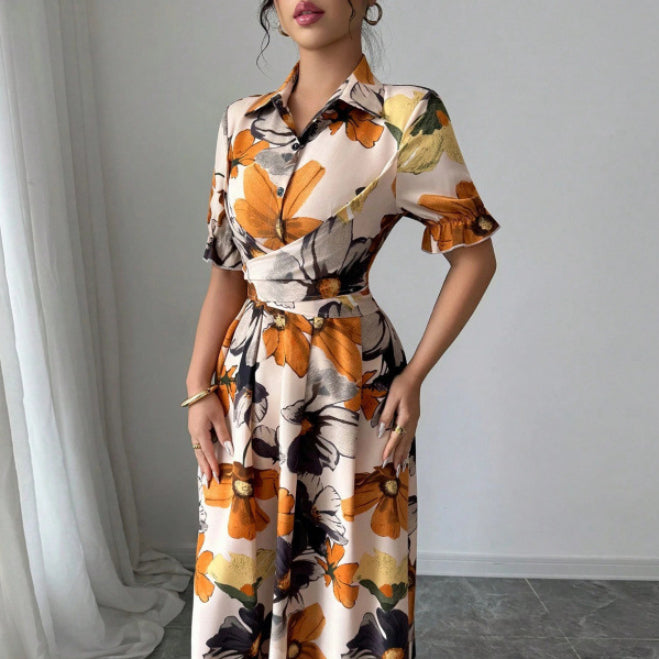 Women’s Printed Puff Sleeve Dress – Blouse Collar Cross-Tie Waist Style