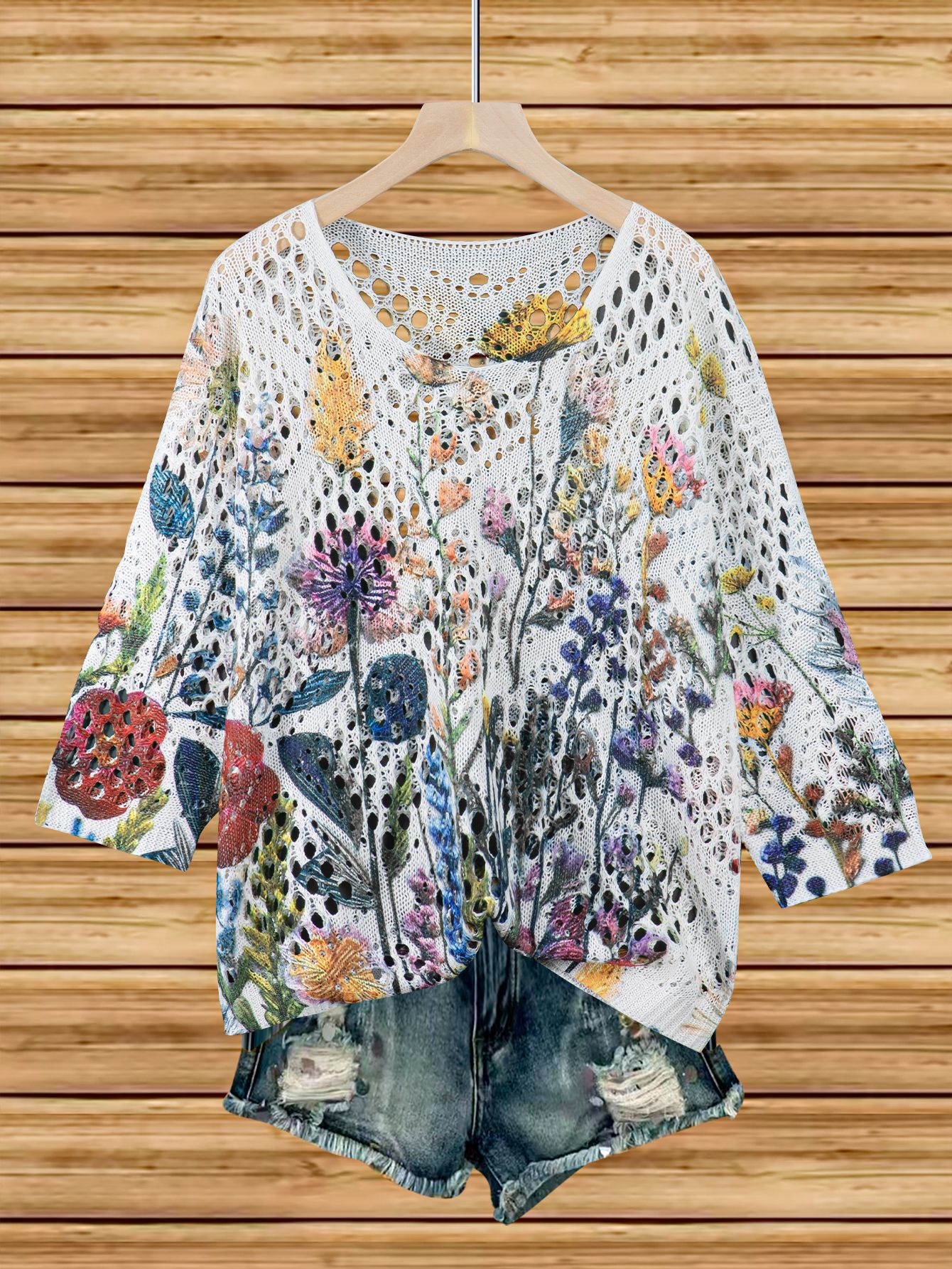 Women's Batwing-Sleeve Sweater – Hollowed-Out 3D Knitted Print Relaxed Fit