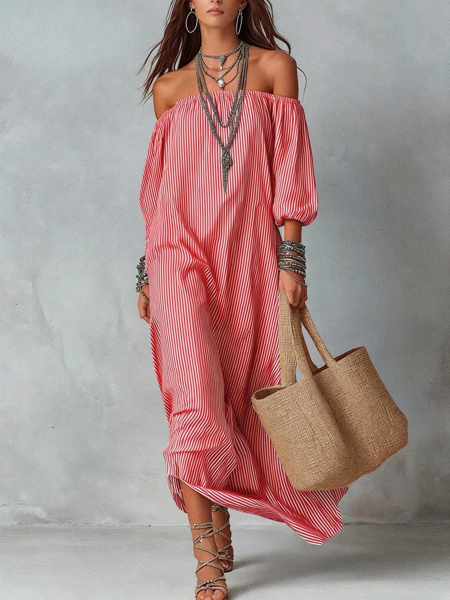 Women's Striped Loose-Fit Flared Maxi Dress – Holiday & Vacation