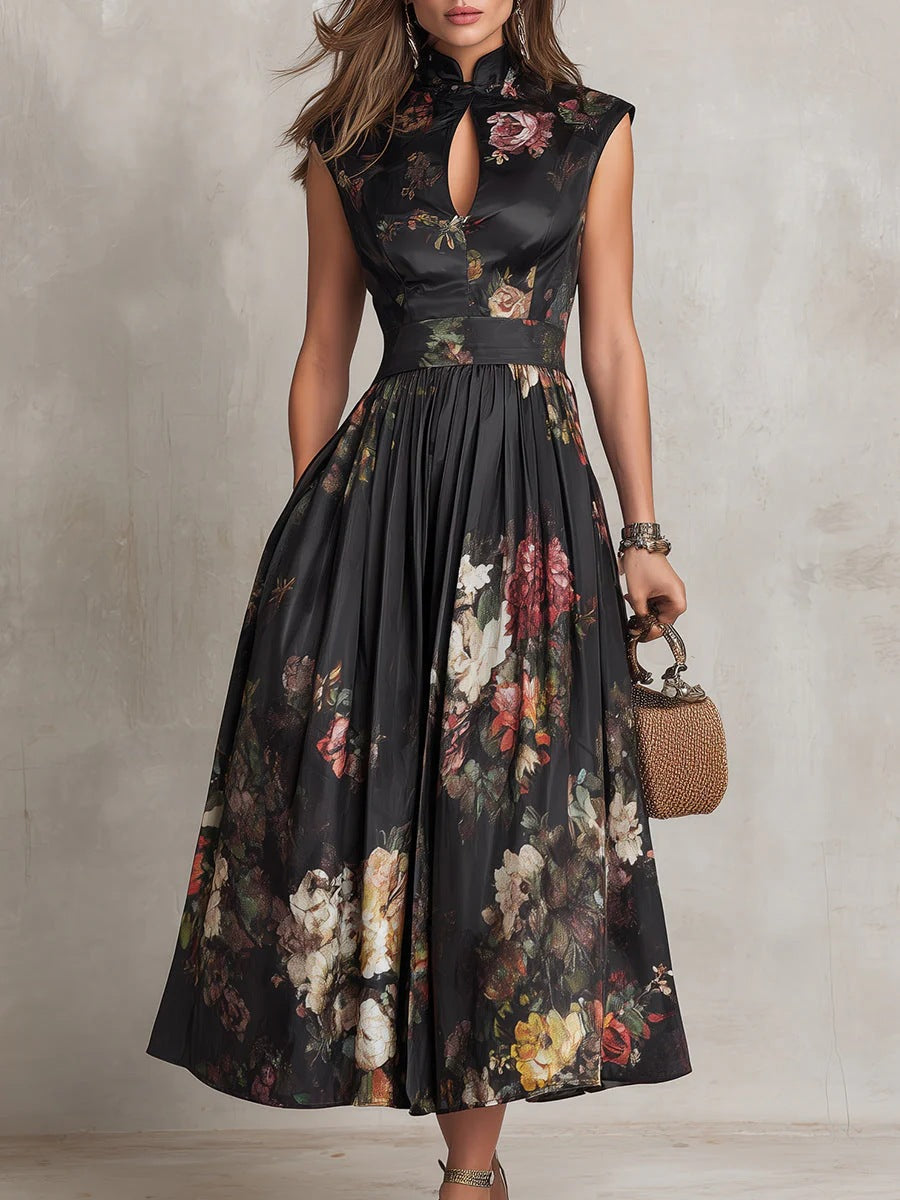 Black Digital Floral Print High-Waist Maxi Dress – Sleeveless Irregular Hem Long Dress