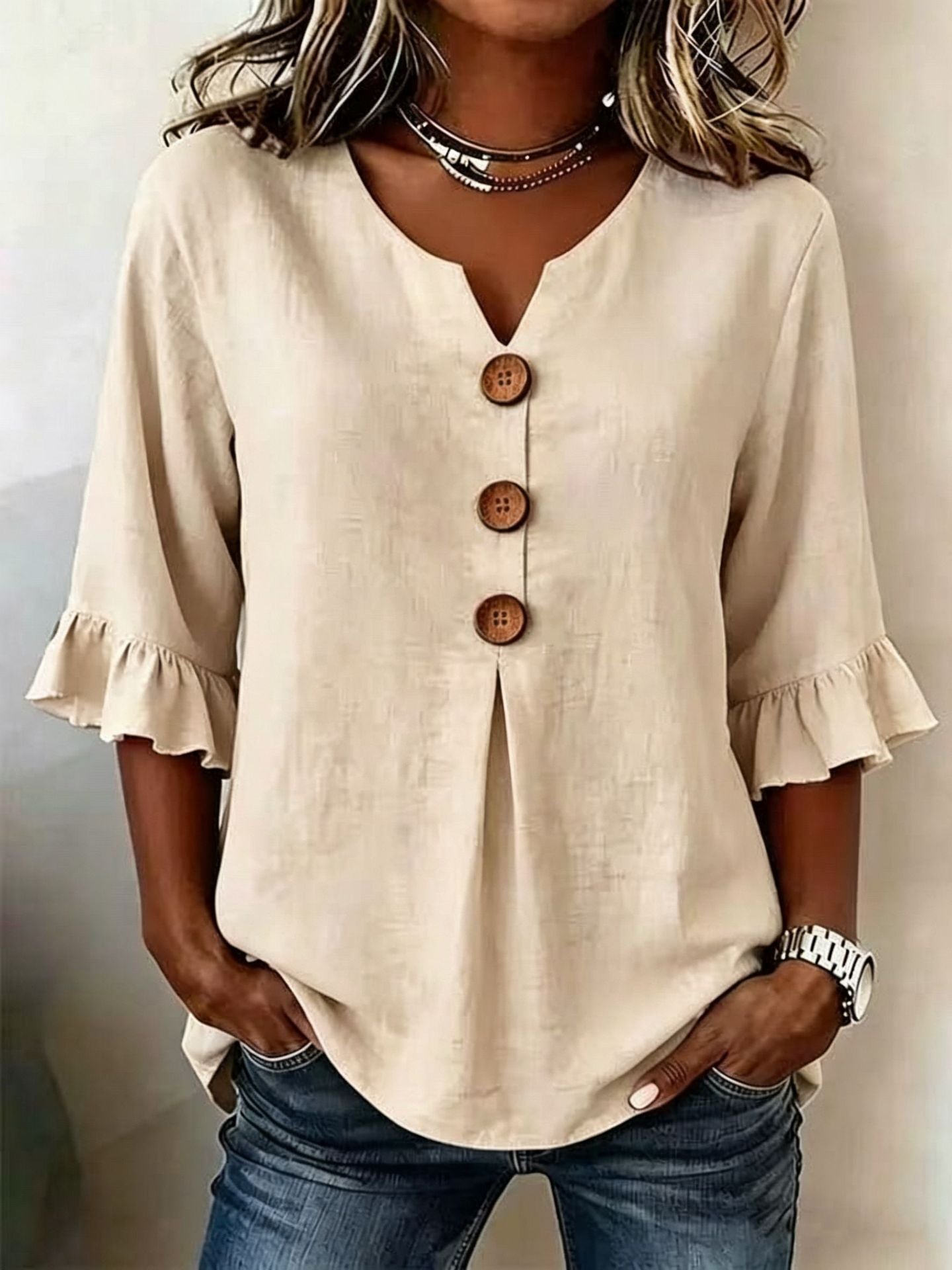 Women's Cotton Linen V-Neck Button-Up Blouse — Summer Casual Top