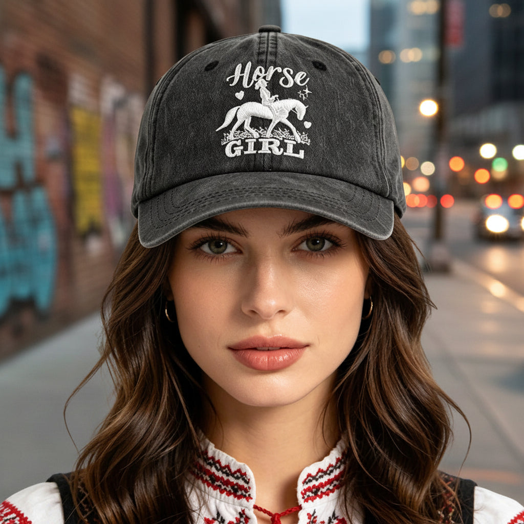 Horse Girl Embroidered Vintage Washed Baseball Cap – Adjustable Equestrian Hat