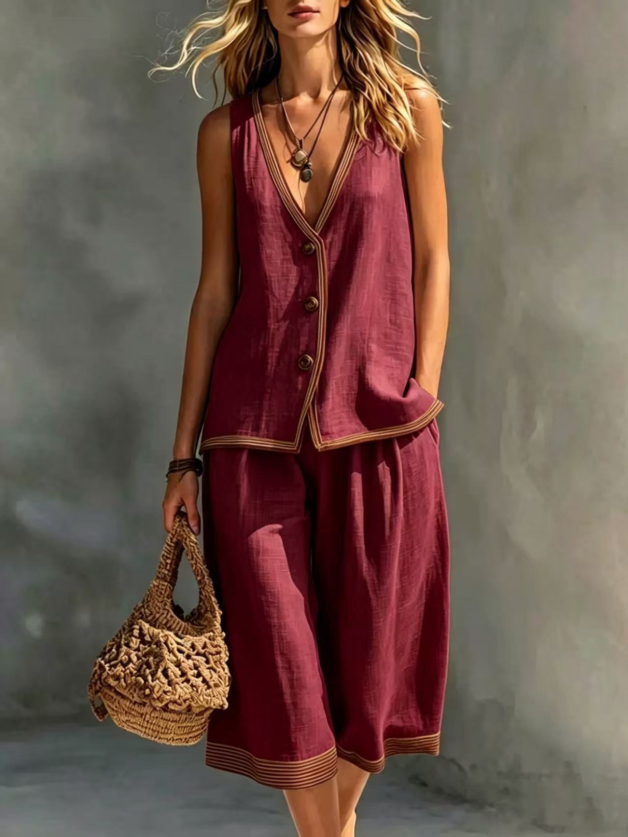 Women's Sleeveless Buttoned Vest & Shorts Two-Piece Set