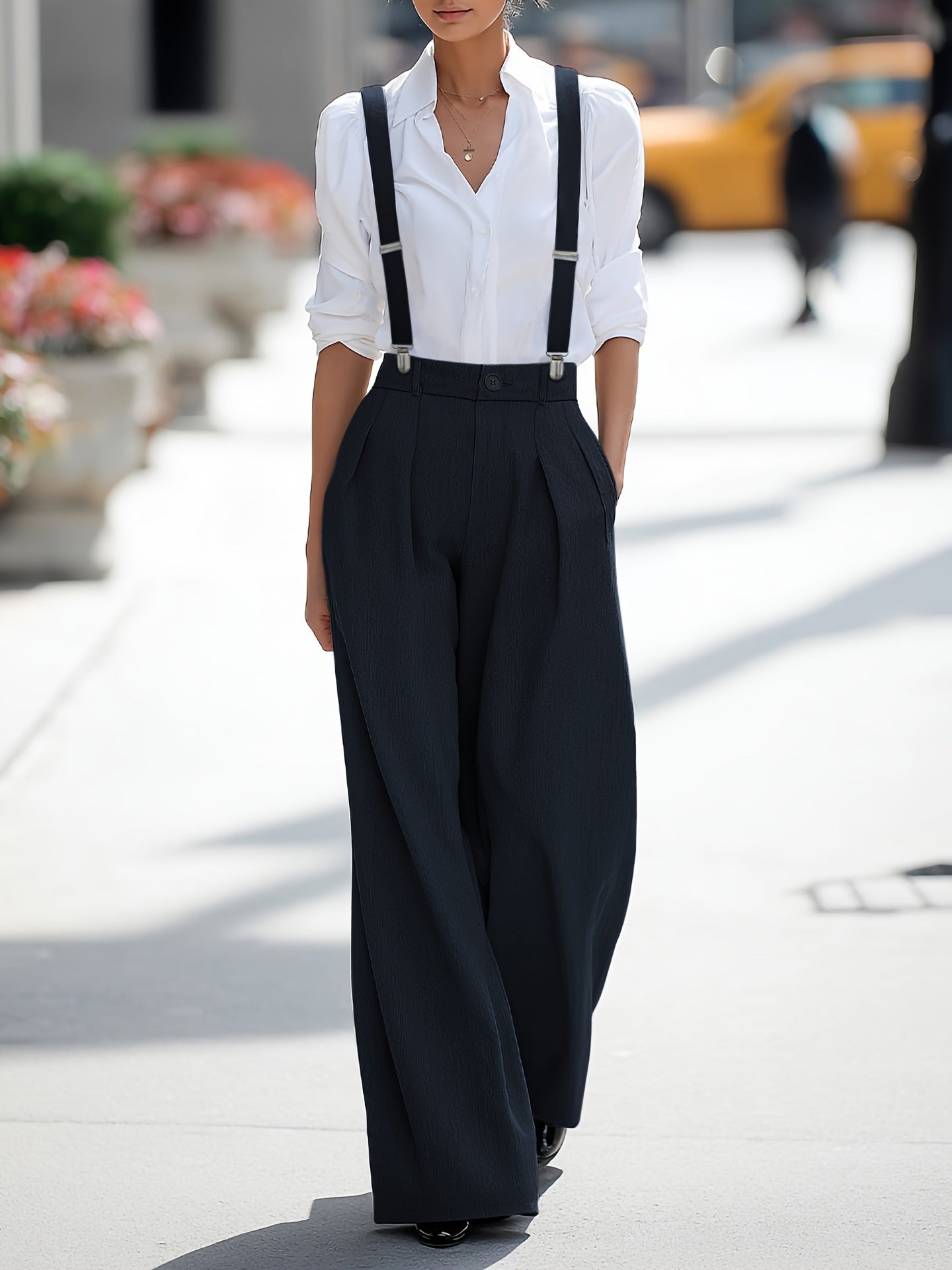 Women's High Waist Wide Leg Pants with Detachable Shoulder Straps & Pockets