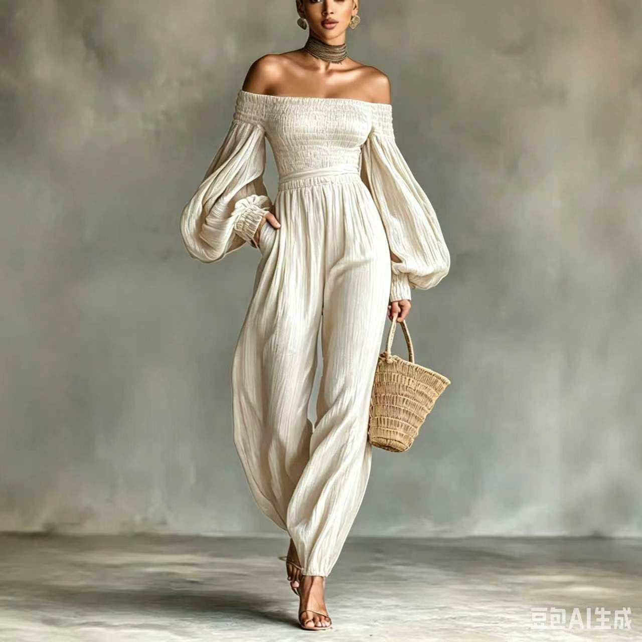 Women's Off-Shoulder Lantern Sleeve Pleated Loose Jumpsuit