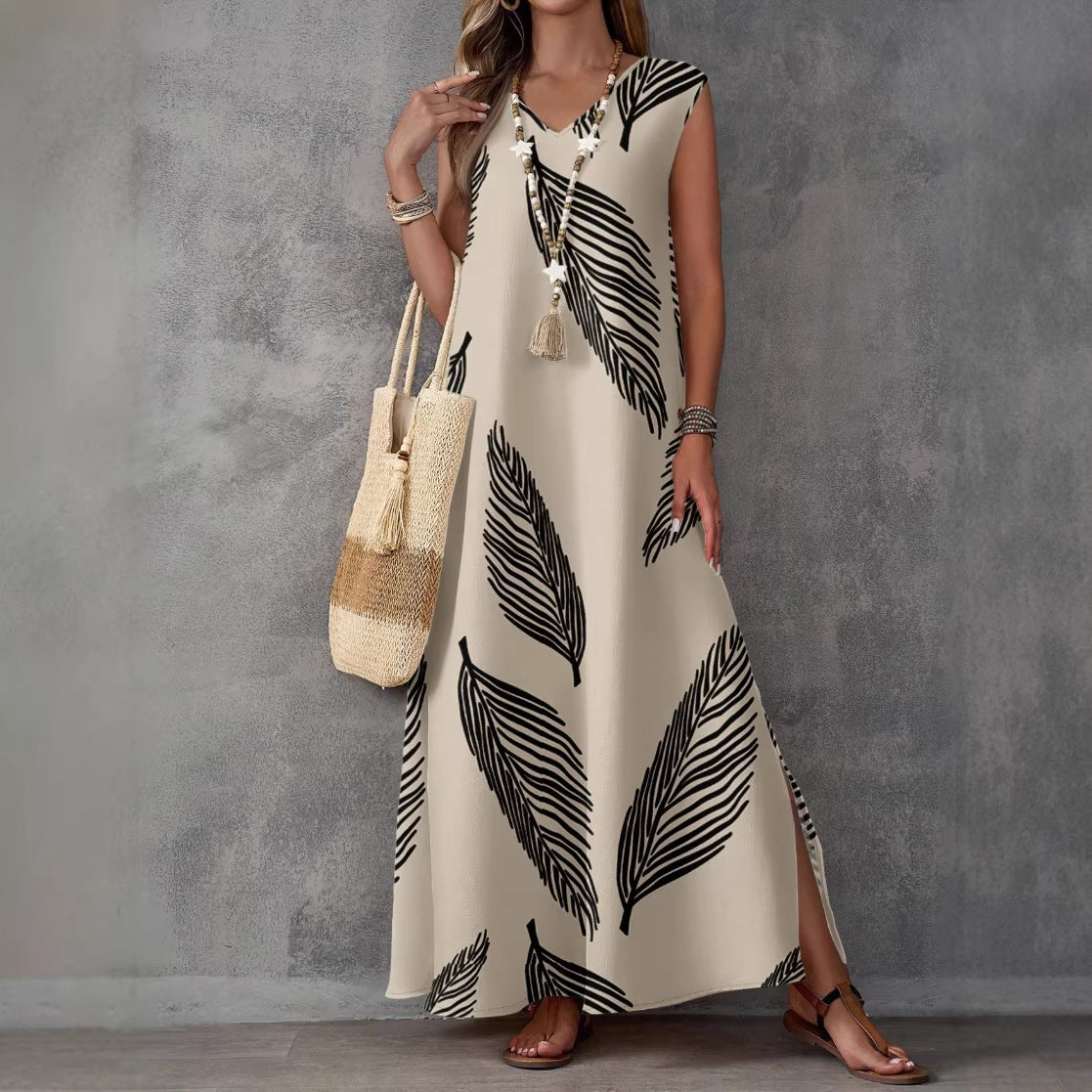 Printed V-Neck Sleeveless High-Waist Maxi Dress | 3 Colors