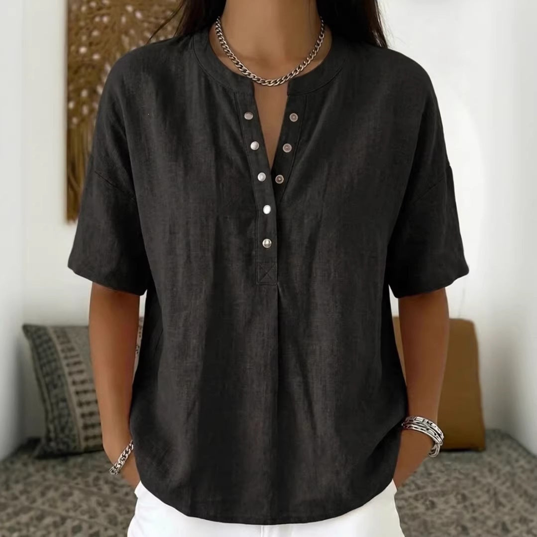 Women's Solid Color Loose-Fit Short-Sleeve Pullover Top
