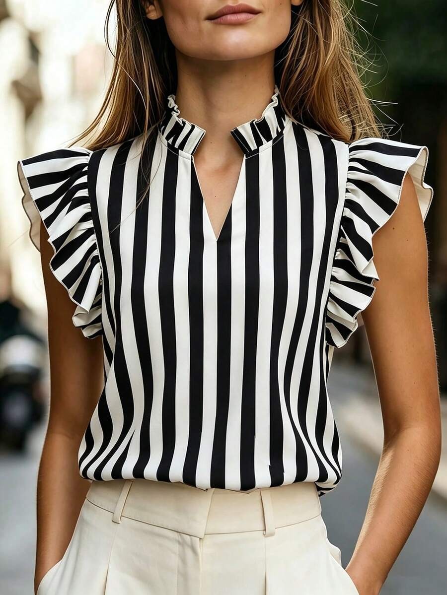 Women's Retro Ruffle-Trim Printed Sleeveless Top