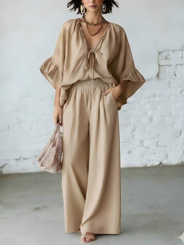 Women's Loose-Fit V-Neck Top & Wide-Leg Pants Two-Piece Set