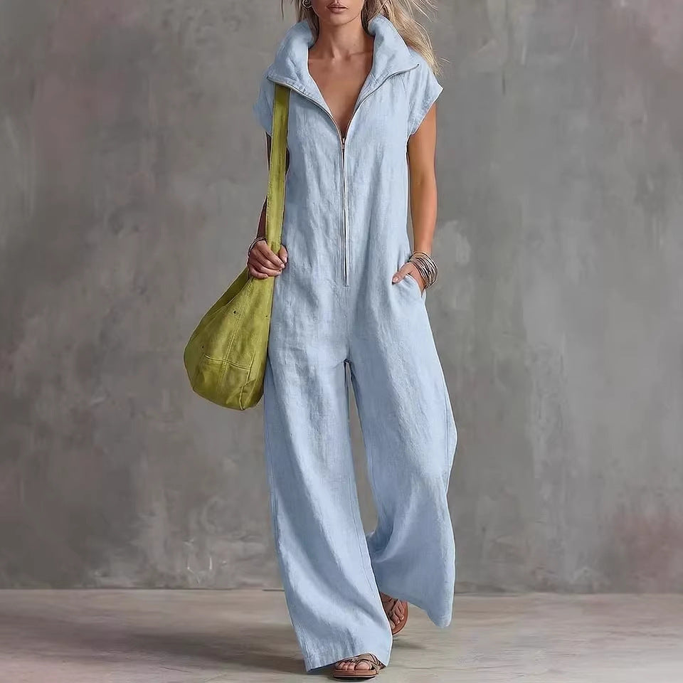Women's Loose Sleeveless Jumpsuit with Pockets – Linen-Look