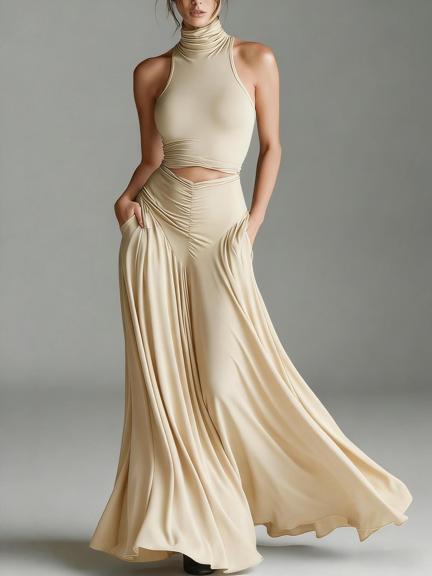 Women's Sleeveless High-Neck Top & Elegant Long A-Line Dress Two-Piece Set