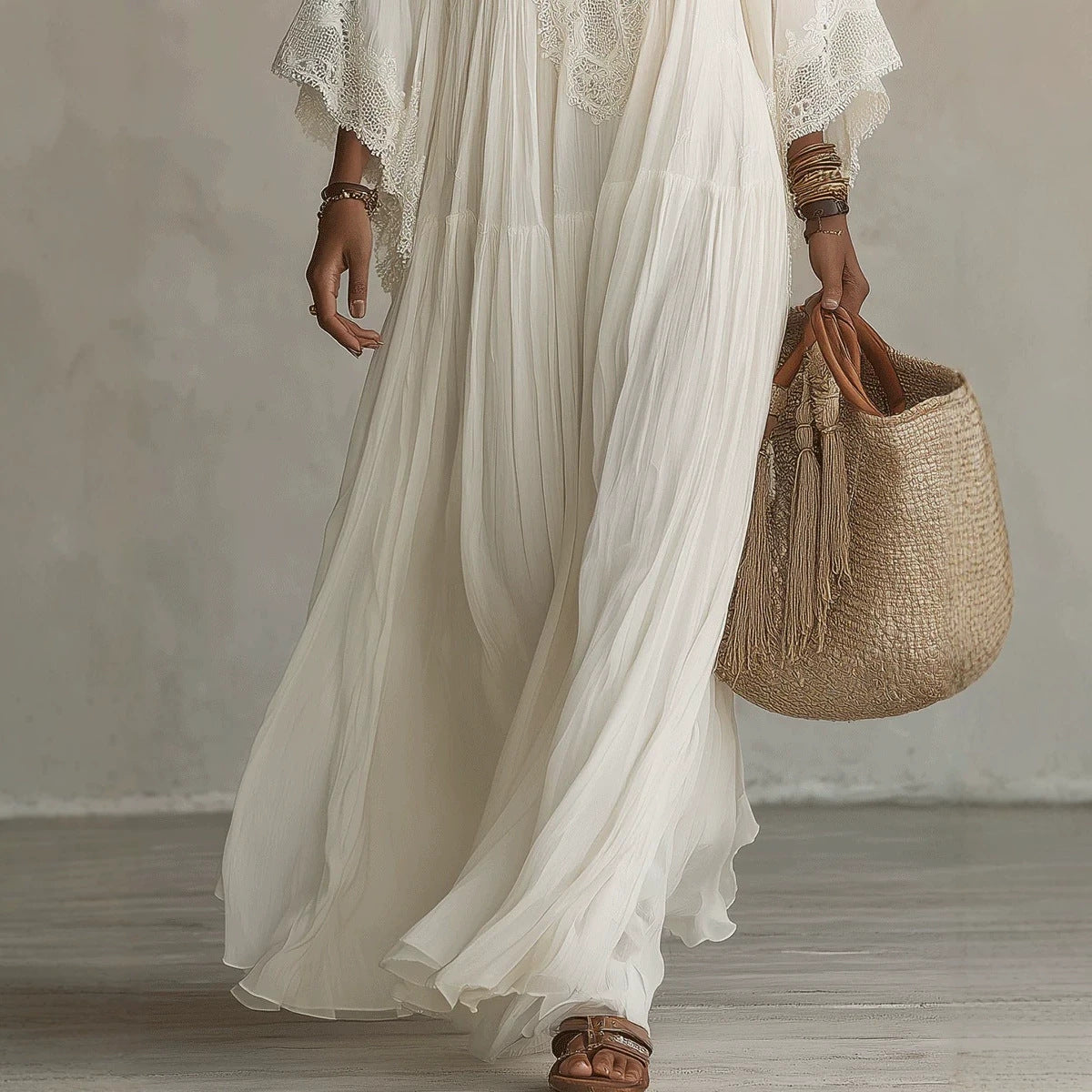 Women's Deep V-Neck Lace Trim Flared Sleeve Boho Maxi Dress