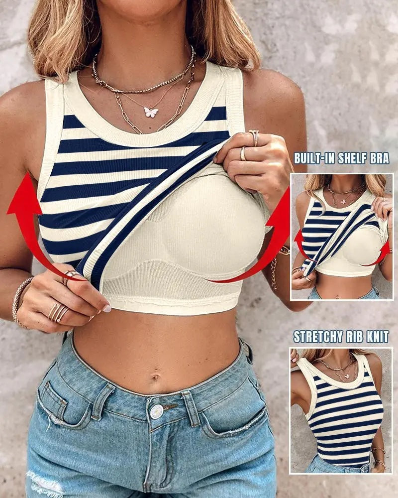 Women's Slim Striped Vest with Bralette – Chic Sleeveless Tank Top