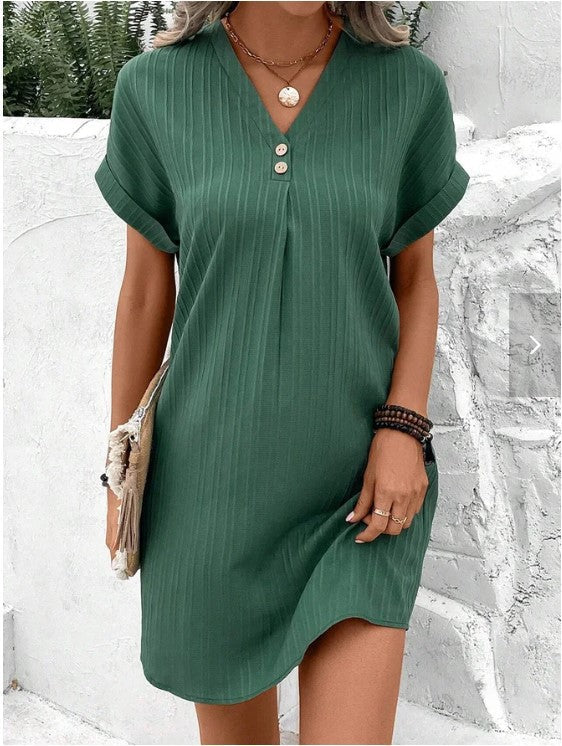 Button-Front V-Neck Dress – Short Sleeve Solid Casual Shirt Dress