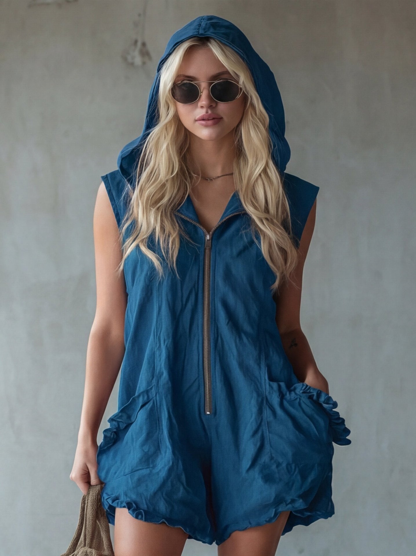 Women's Retro Hooded Zip-Up Sleeveless Cropped Jumpsuit