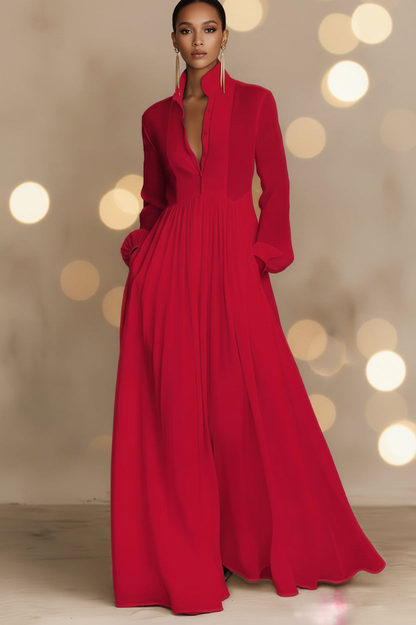 Women's French Style Long Sleeve Pleated A-Line Maxi Dress