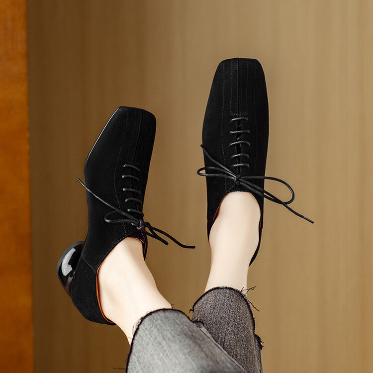 Women's Retro Sheepskin Square Toe Chunky Heel Pumps – Lace-Up Mid Heel