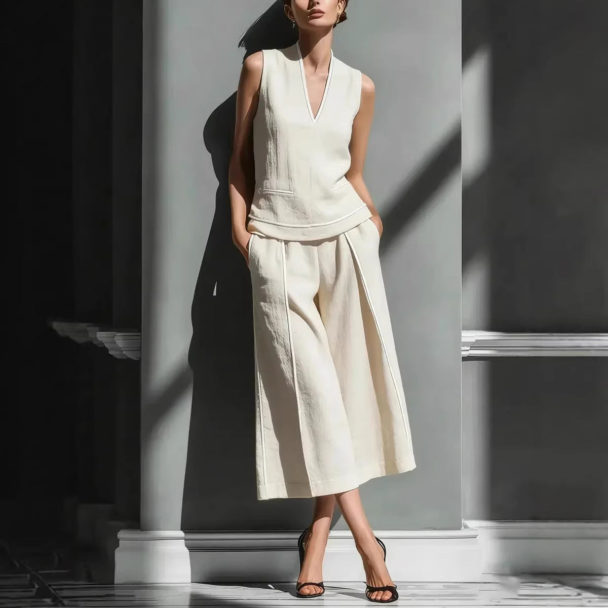 Women's Sleeveless Linen Shirt & Cropped Pants Set – Casual 2-Piece Outfit