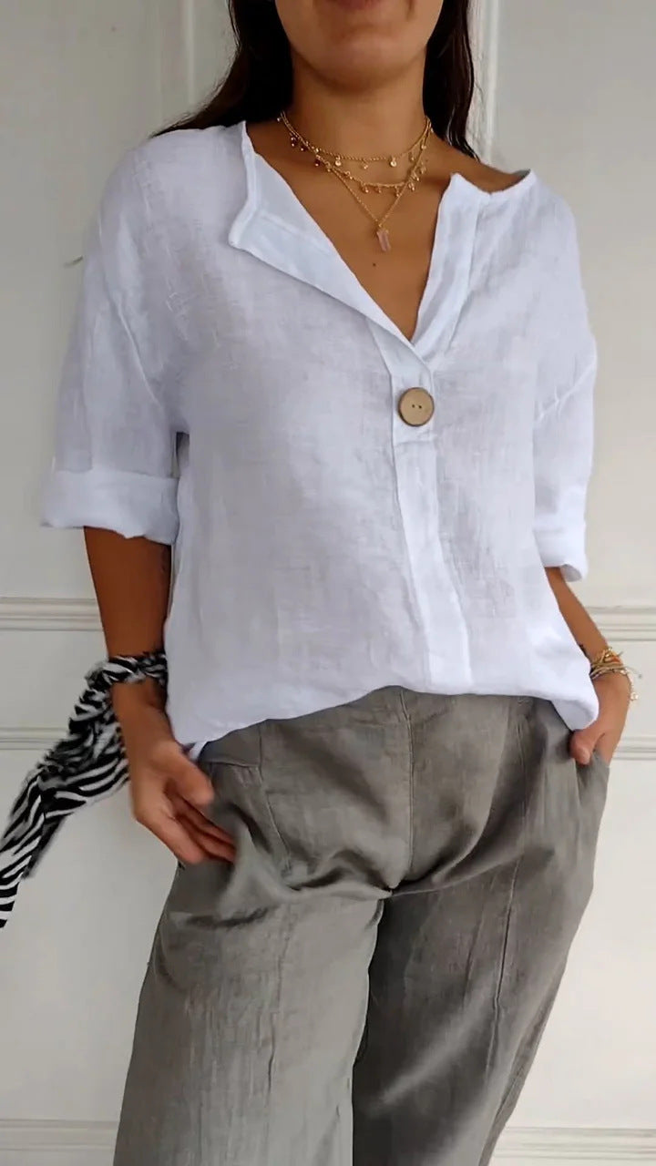 Women's V-Neck Long-Sleeve Button Top – Loose Fit Casual Blouse