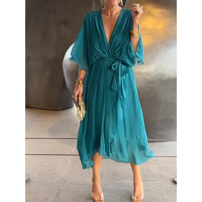 Batwing Sleeve V-Neck Midi Dress – Tied Irregular Hem Fairy Dress