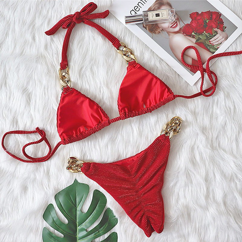 Halter Retro Bikinis Triangle Swimsuit Women Diamond Chain Bathing Suits Conjunto Biquinis Feminino Trajes De BañO Mujer