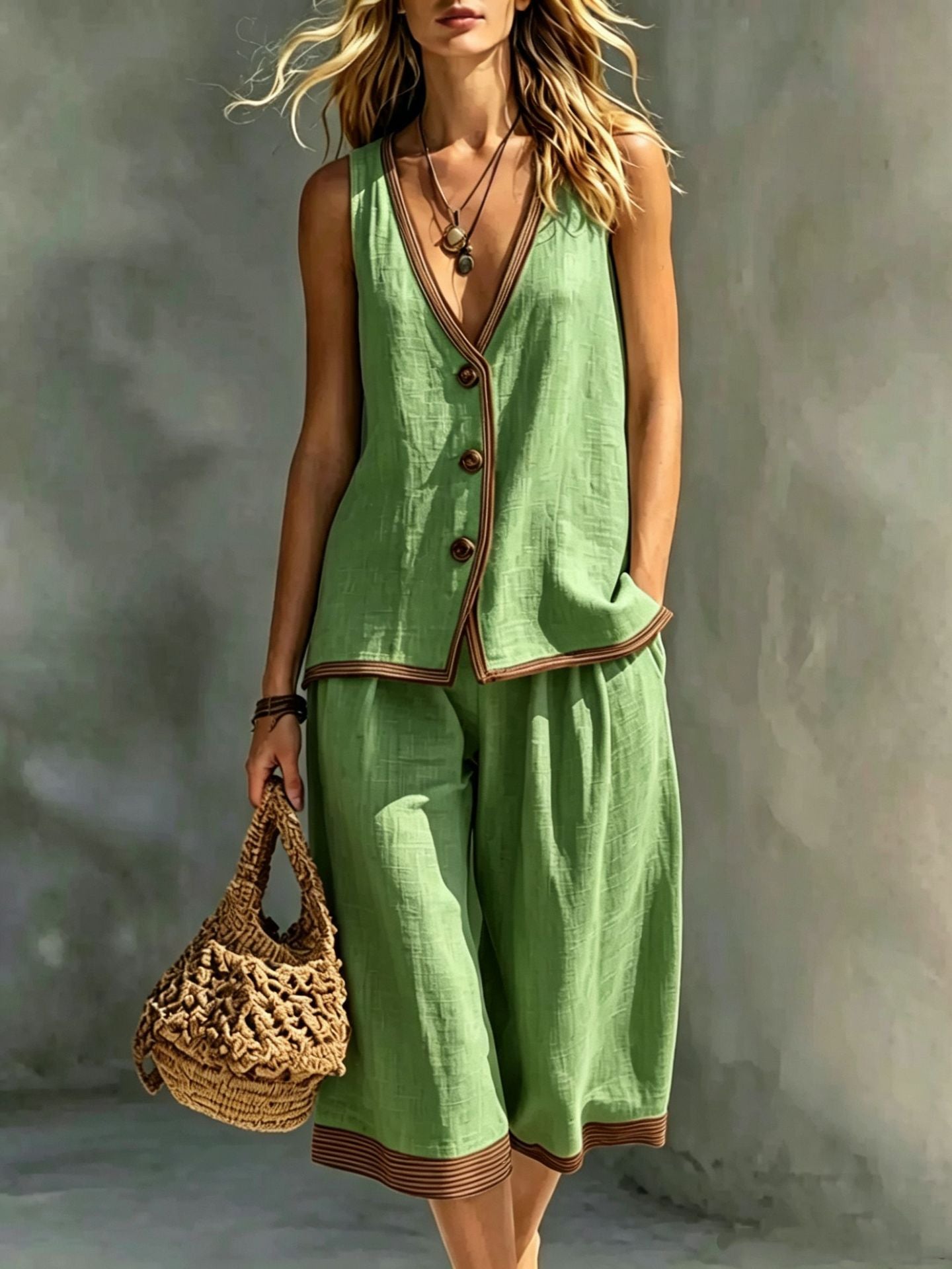 Women's Sleeveless Buttoned Vest & Shorts Two-Piece Set