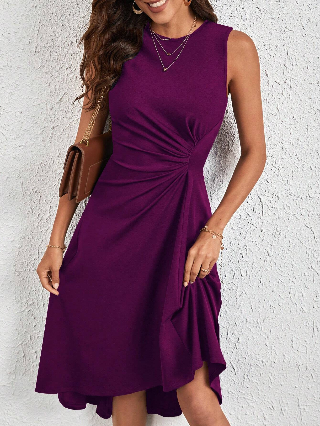 Women's Solid Color Twist Knot Sleeveless Midi Dress – Round Neck Side Ruched Asymmetric Hem