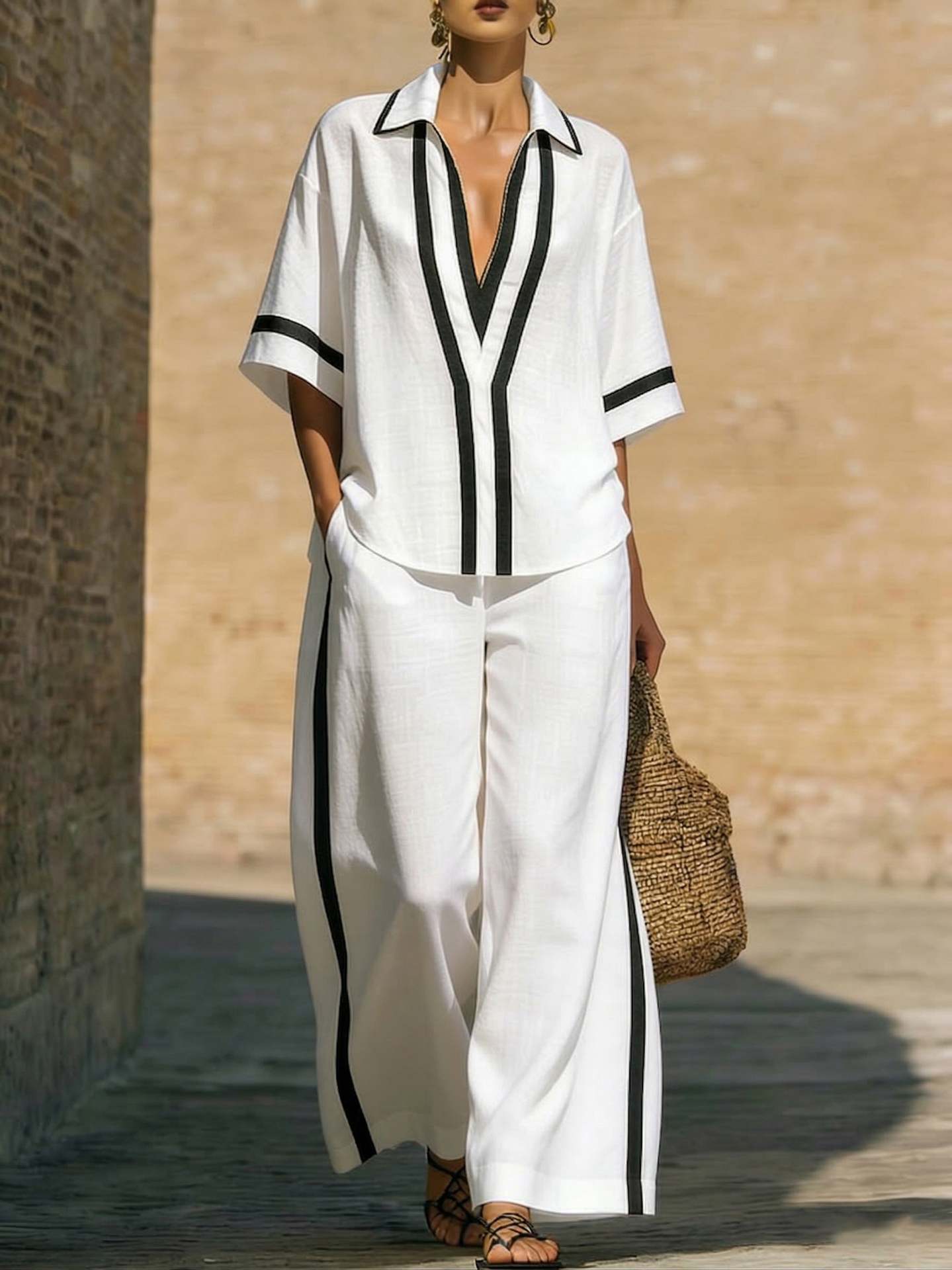 Women’s Color Block Shirt and Wide-Leg Pants Set