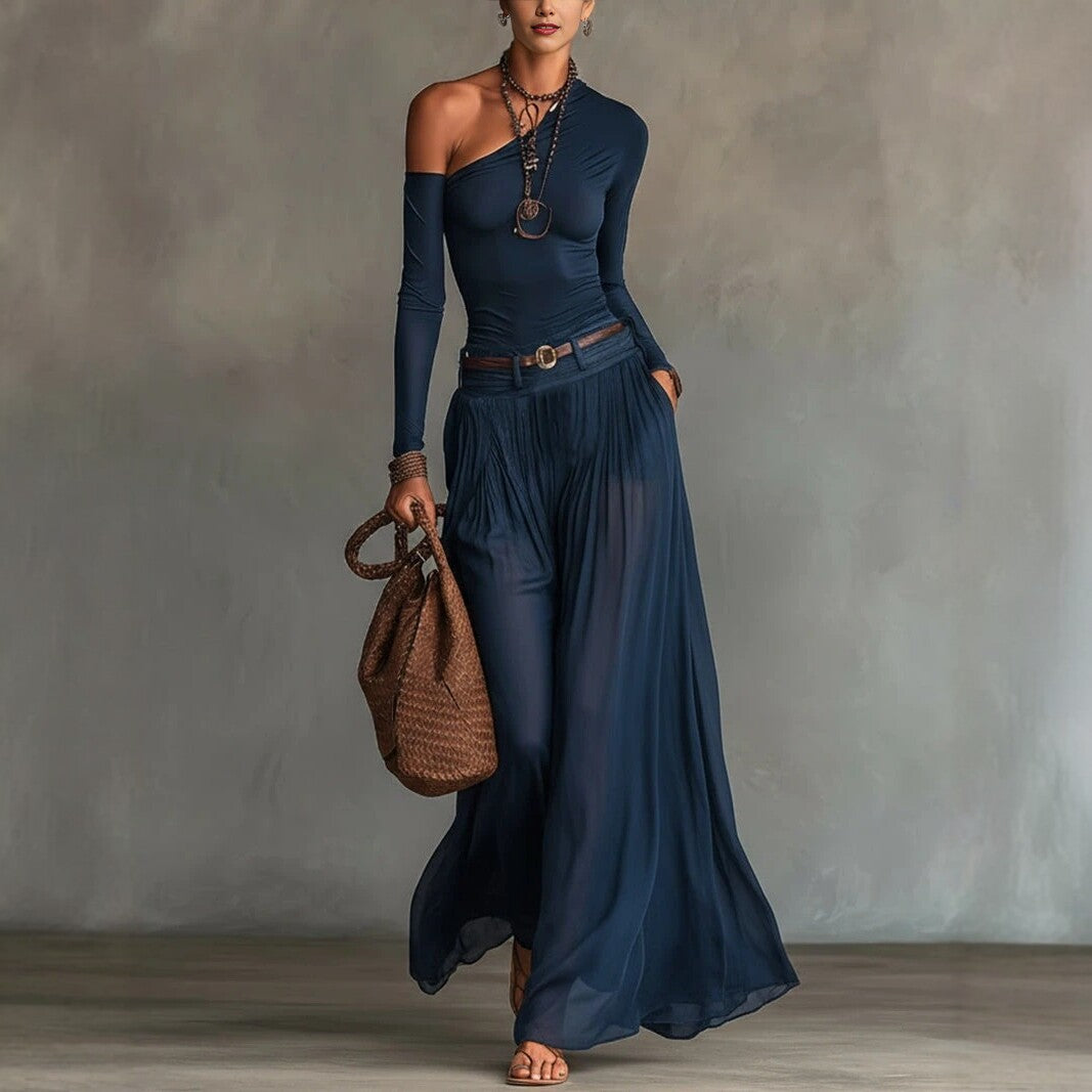 Asymmetrical Shoulder Long Sleeve Dress Set – Belted A-Line Maxi Dress