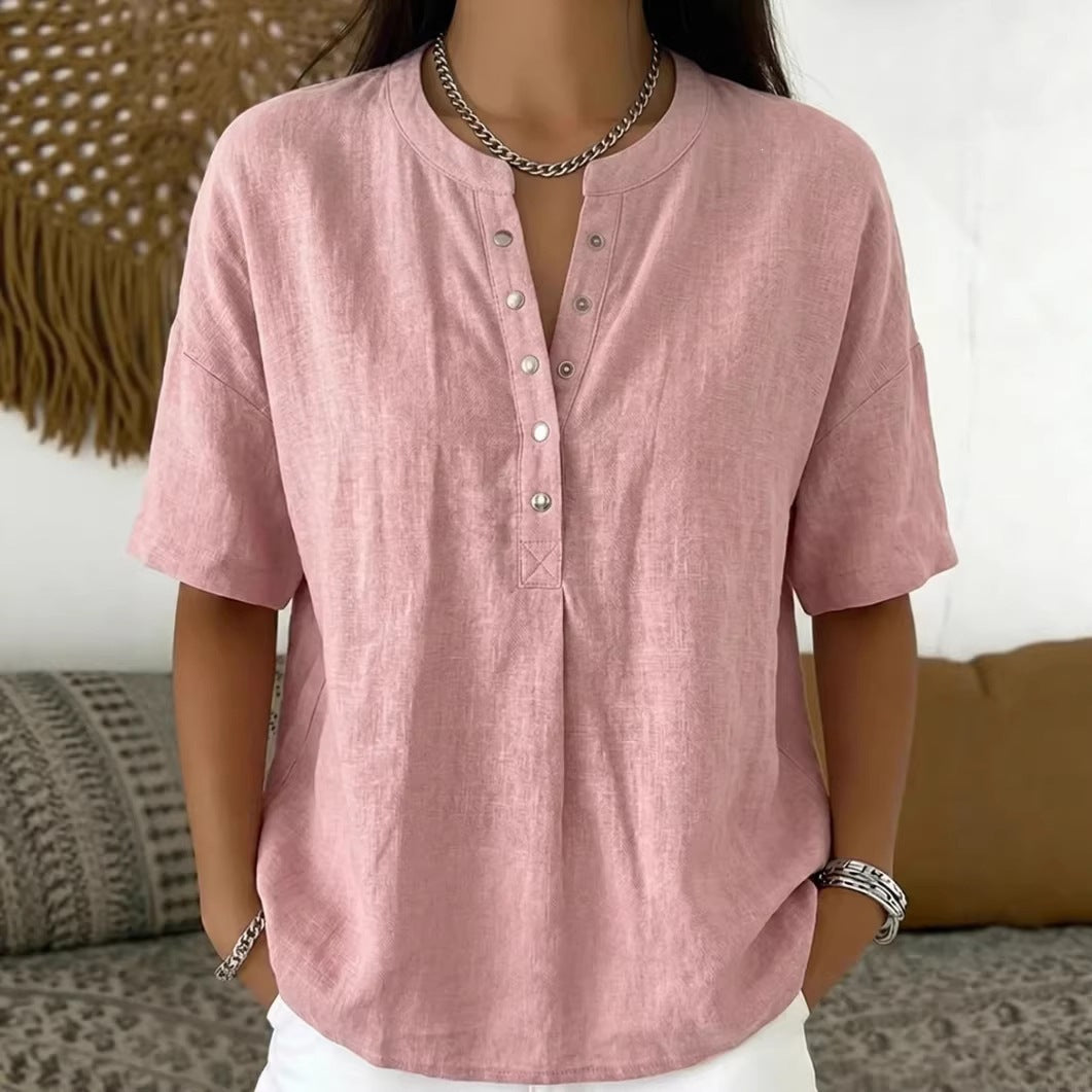 Women's Solid Color Loose-Fit Short-Sleeve Pullover Top
