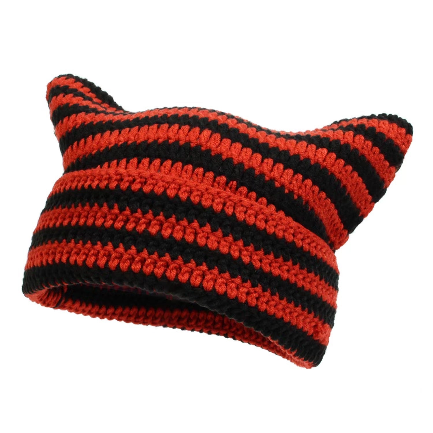 Women’s Hand Knitted Striped Cat Hat – Cute Warm Winter Beanie