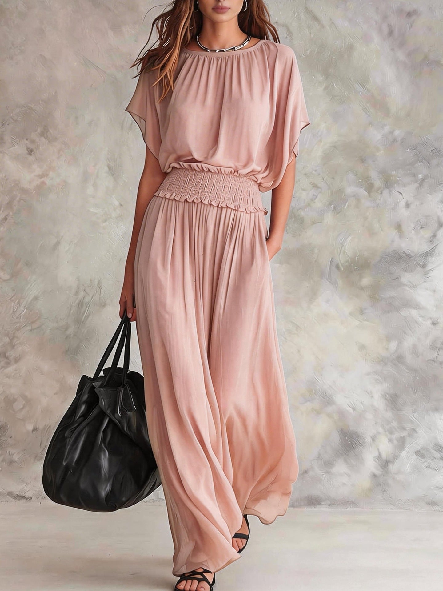 Women's Chiffon High-Waist Ruched Maxi Dress