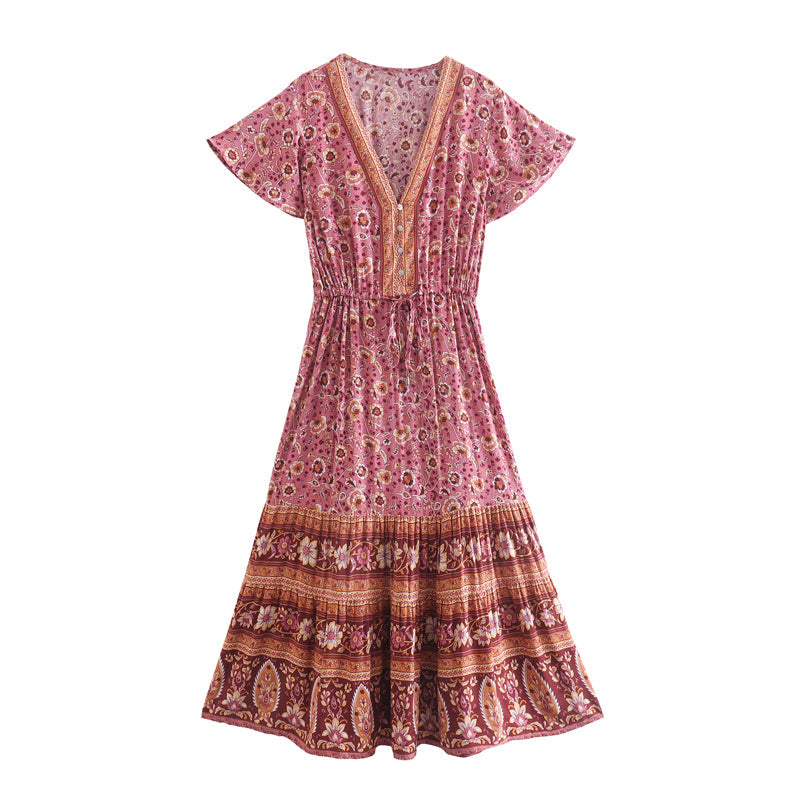 Women Clothing Summer Rayon Positioning Printed Dress V-neck Lace-up Vacation Dress Bohemian