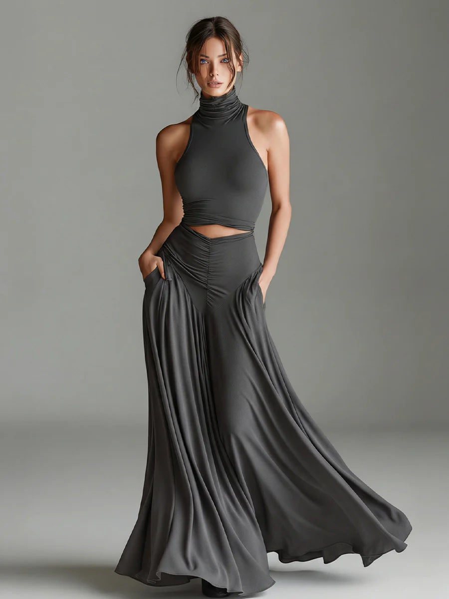 Women's Sleeveless High-Neck Top & Elegant Long A-Line Dress Two-Piece Set