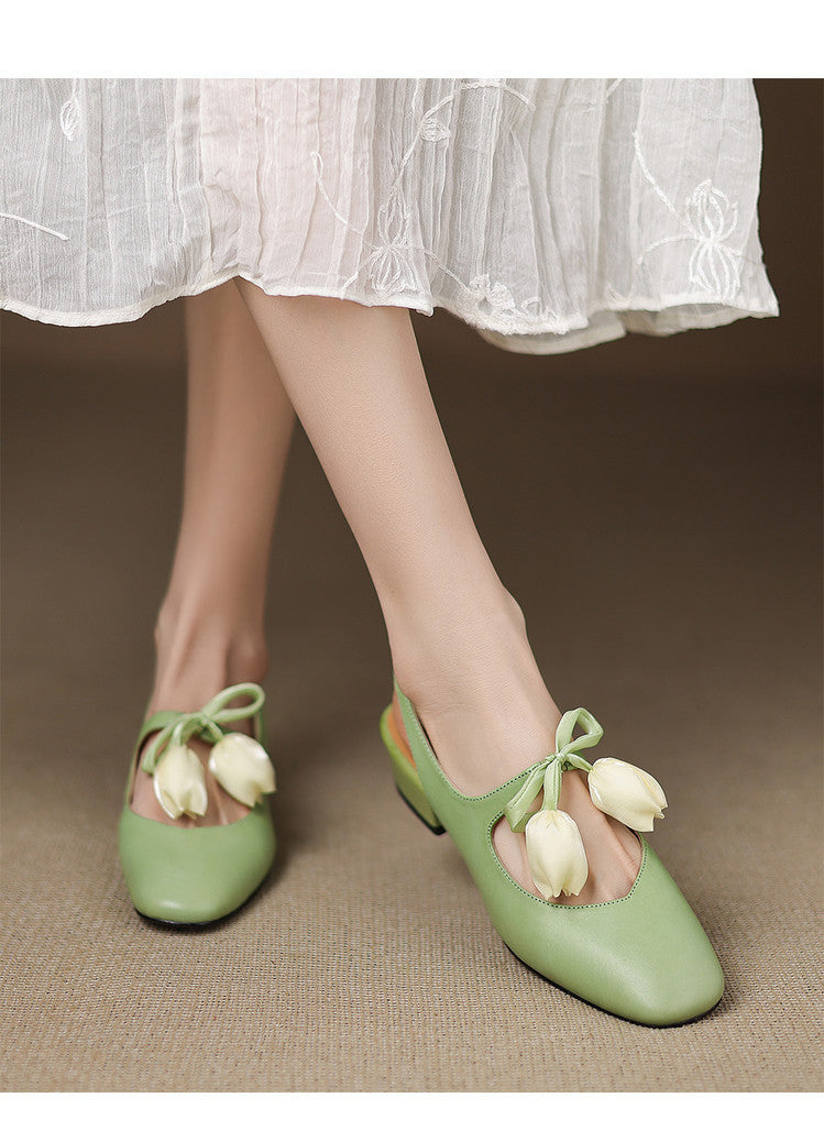 Women's French Style Leather Headband Sandals – Mid-Heel Round Toe