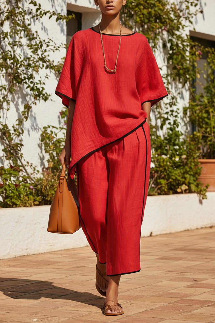 Women's Casual Resort Loose Short-Sleeve Top & Pants Set