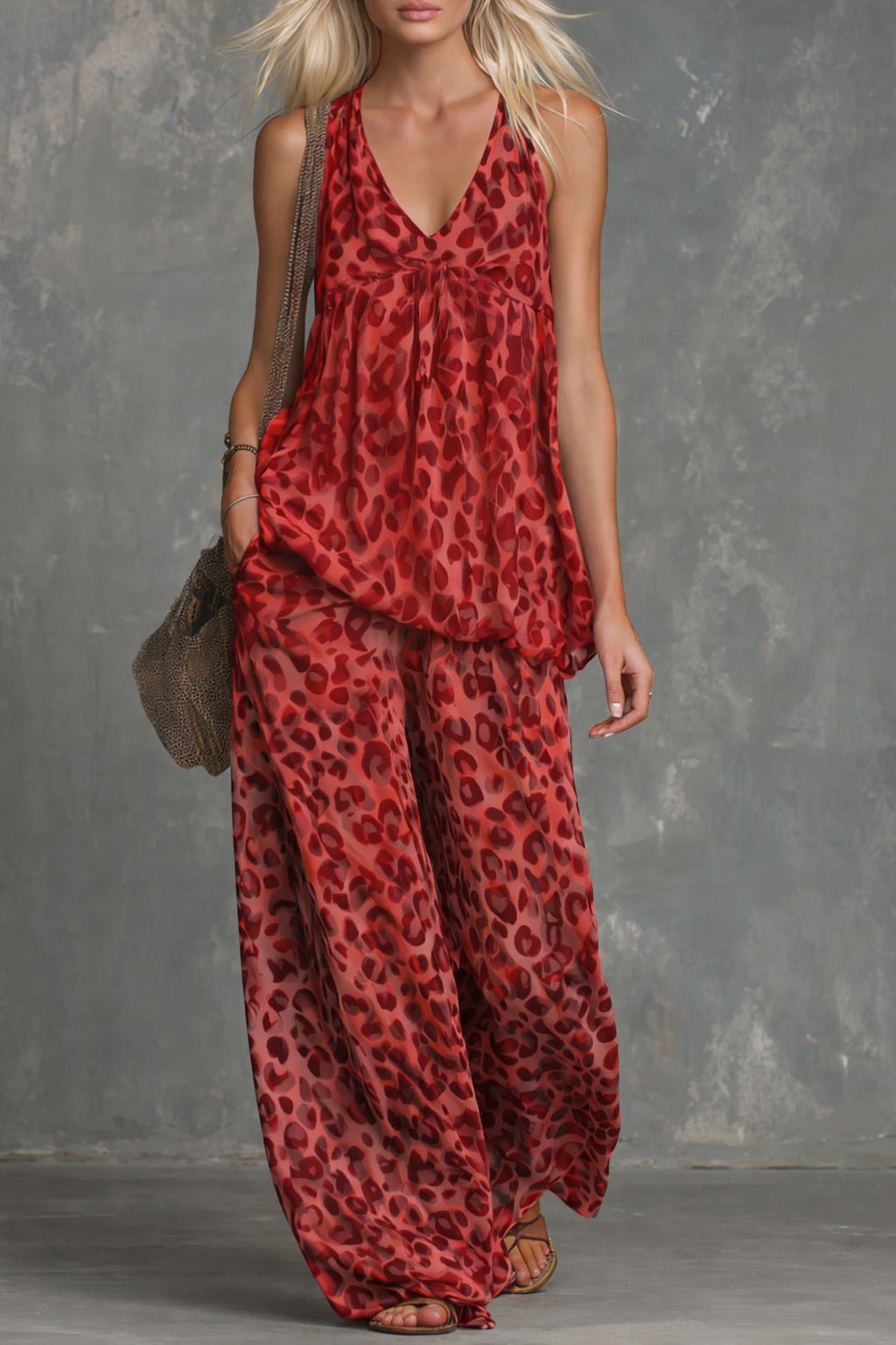 Women’s Leopard Print Sleeveless Top and Chiffon Pants Set