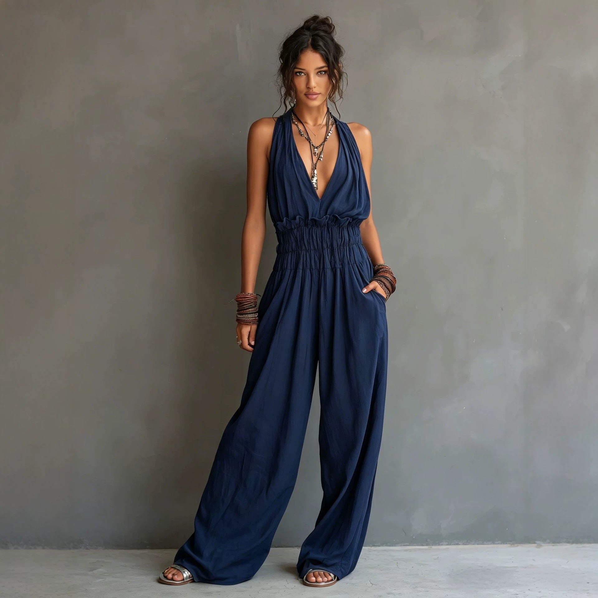 Women's V-Neck Halter Jumpsuit – Sleeveless Open Back Waist-Cinching