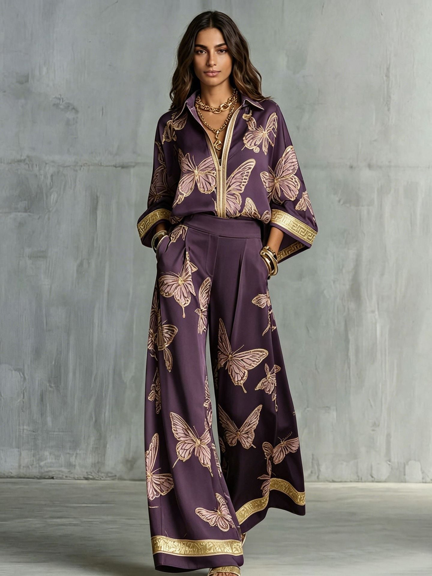 Women's Deep V-Neck Zipper Top & Wide Leg Pants Two-Piece Set