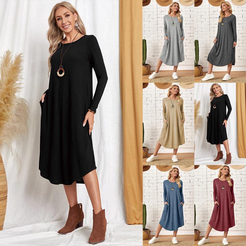 Women's Cotton Maxi Dress – Solid Color Long Sleeve A-Line with Pockets