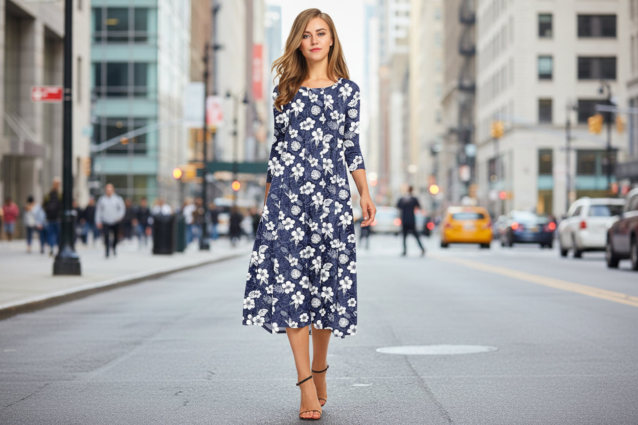 Women’s Floral Patchwork Three-Quarter Sleeve Dress