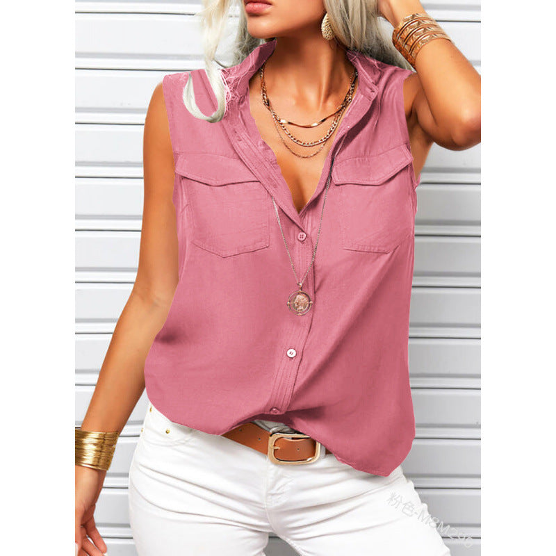 Women's Lapel Collar Sleeveless Top – Loose Fit, Pockets, Solid Color