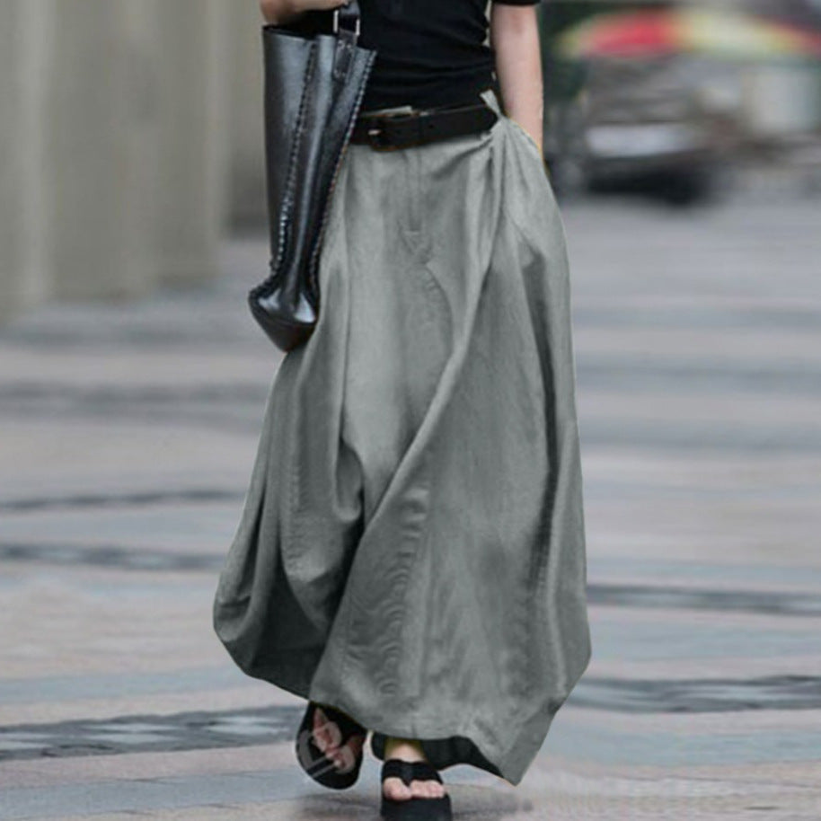 Women's High-Waist Flared Maxi Skirt – Solid Color Cotton Linen with Pockets