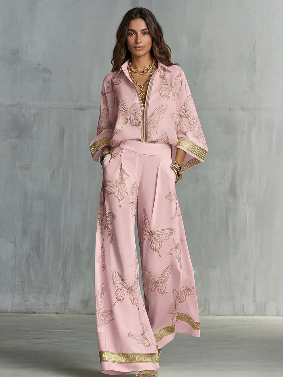 Women's Deep V-Neck Zipper Top & Wide Leg Pants Two-Piece Set