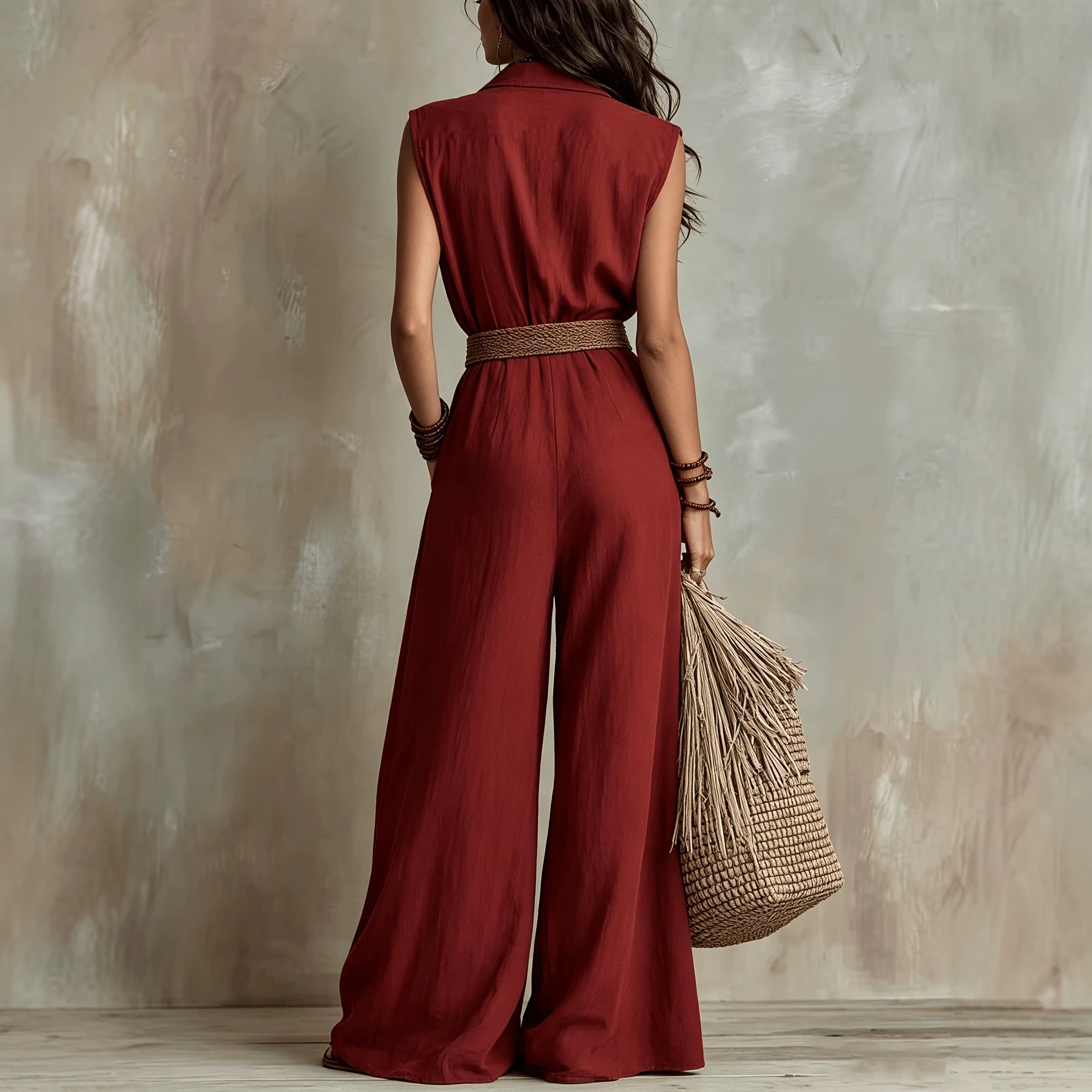 Red Sleeveless Loose Fit Maxi Jumpsuit – Solid Color Long Casual Jumpsuit