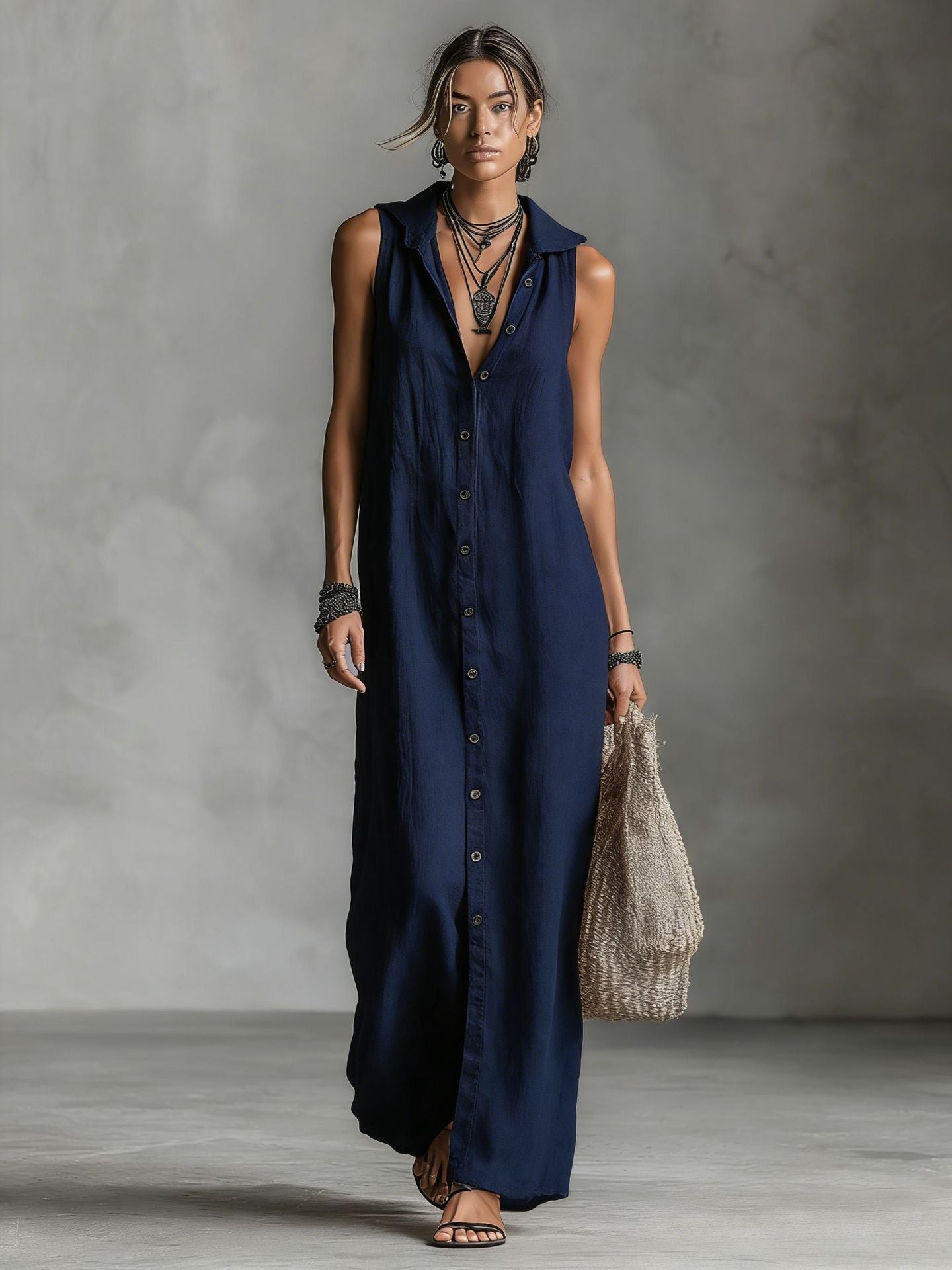 Women's Sleeveless Deep V-Neck Hooded Loose Maxi Dress – 6 Colors XS–3XL