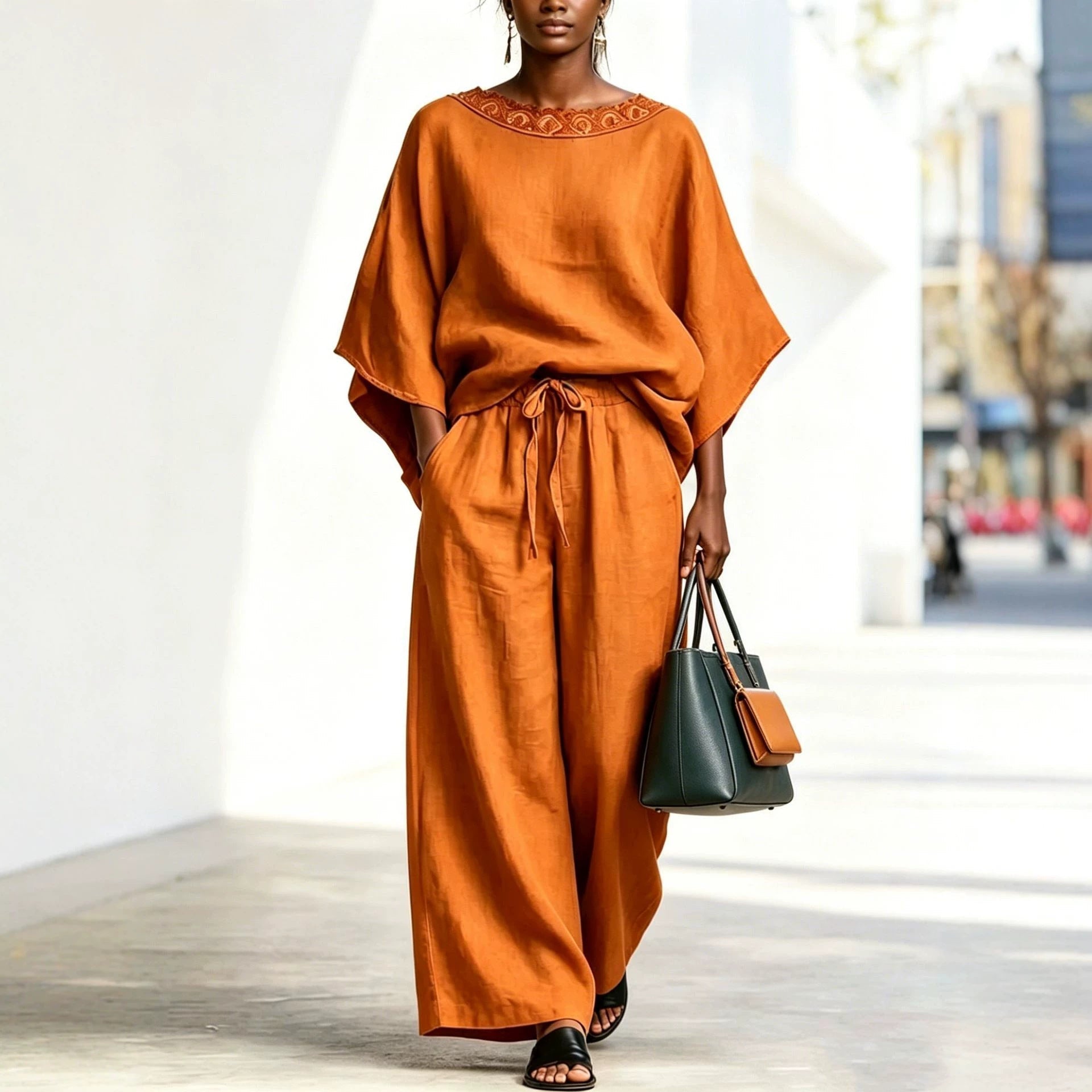 Women's Lace Trim Batwing Top & Wide-Leg Pants Two-Piece Set